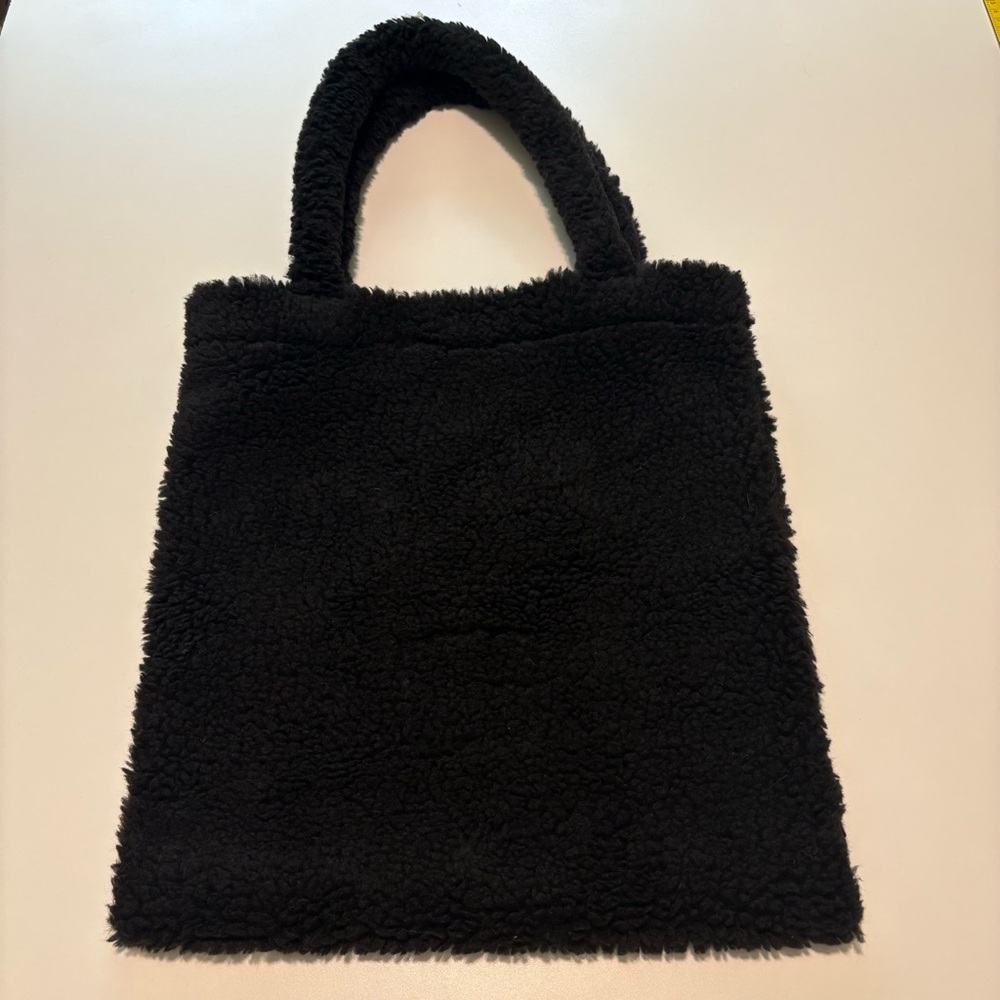 Veiled Black Fuzzy Sherpa Tote Bag Soft Minimalist Shoulder Purse